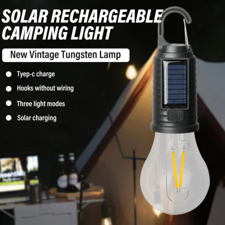 Solar rechargeable camping light, Hookup wire-free, New vintage tungsten, Three light modes, three styles
