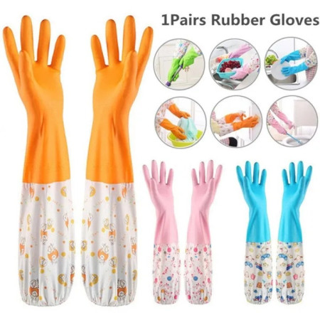 1Pair Lengthen Dishwashing Cleaning Glove Durable Waterproof Cleaning Rubber Long Sleeves for Dish Washing Velvet Lining Household Glove