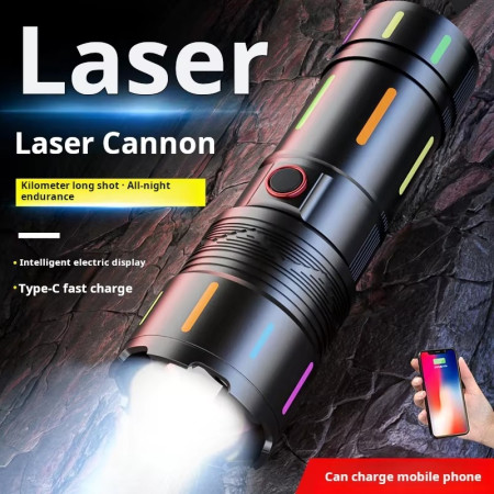 High Power White Laser LED Flashlight with Luminous Strips 3000 Meter Long-Range TYPE-C Rechargeable Zoomable Camping Lamp