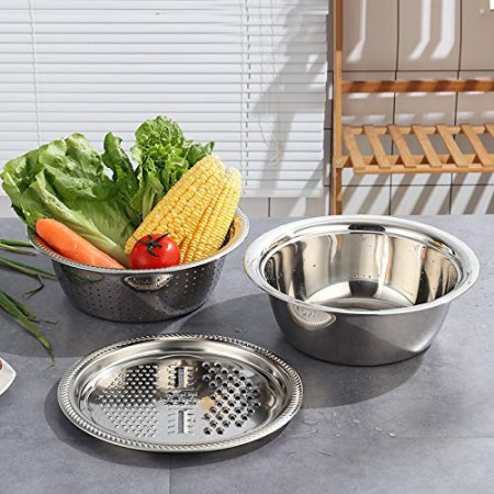 3-in-1 Multifunctional Stainless Steel Basin With Grater, Vegetable Cutter with Drain Basket 
