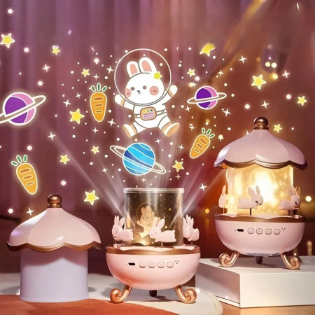 Bunny Carousel Night Light Projector – Rotating LED Star Projection Lamp for Kids Room & Magical Nursery Decor Rotatable Rabbit Night Lamp