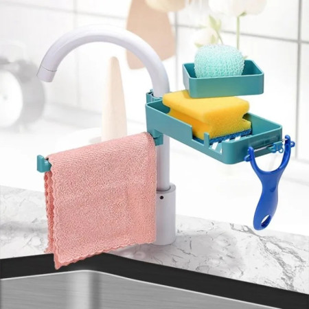 Kitchen & Bathroom Over Faucet Storage Rack – Multi-Functional Shower Caddy, Sink Caddy, Towel & Cleaning Cloth Holder, Sponge Organizer
