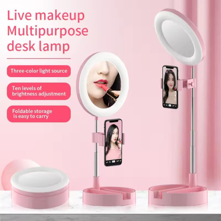Professional Desktop Live Streaming Bracket with LED Ring Fill Light & Makeup Mirror – Adjustable Table Lamp for Mobile Camera & Content Creation