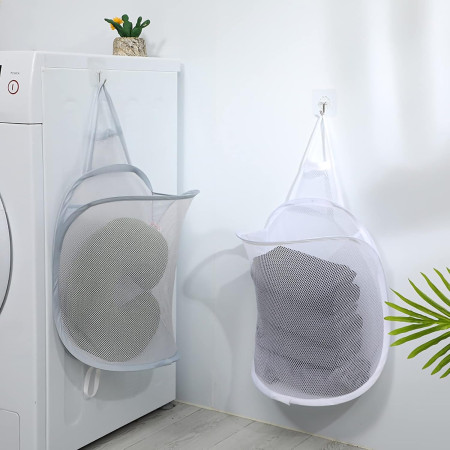 Space Saving Foldable Hanging Laundry Basket – Breathable Mesh Wall Storage Bag for Dirty Clothes