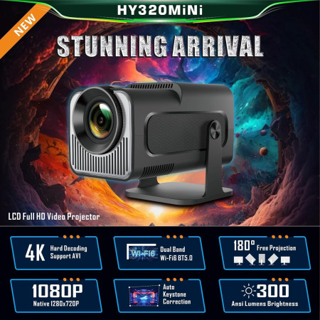 HY320 Smart Mini Portable Projector Android 11 – 4K Support, Native HD, WiFi Bluetooth HDMI, 180° Rotatable Auto Keystone Home Theater Projector