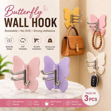 3 Pcs Adjustable Rotatable Butterfly Wall Hooks – 270° Self-Adhesive No-Drill 3-Prong Multipurpose Hanger for Keys, Jewelry, Scarves, Entryway & Vanity, Bathroom, Kitchen & Bedroom (3 Pcs)