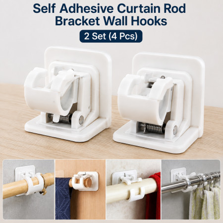 2 Set (4 Pcs) Self Adhesive Curtain Rod Bracket Wall Hooks – Durable Waterproof Curtain Pole Holder for Bathroom, Kitchen & Home