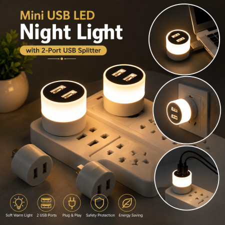 2 Pcs Mini USB LED Night Light with 2-Port USB Splitter – Portable Soft Light Reading Lamp, Eye-Friendly Energy-Saving LED Light for Nighttime Reading, Emergency Lighting & Ambient Illumination (2 Pcs)