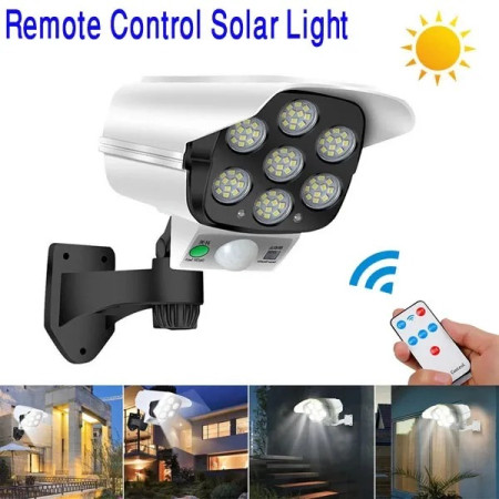 77 LED Solar Security Light with Dummy Camera Design– PIR Motion Sensor Waterproof Outdoor Wall Lamp with Remote Control, 3 Lighting Modes & Adjustable Angle
