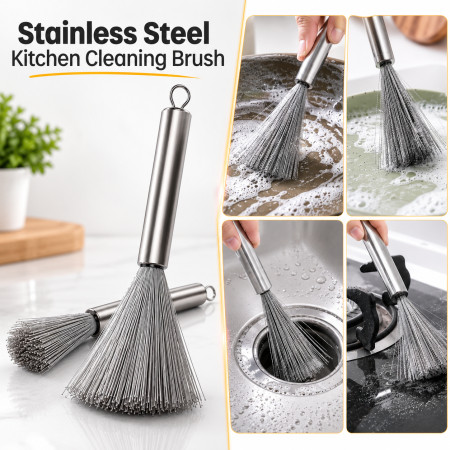 Stainless Steel Kitchen Cleaning Brush – Long Handle Heavy-Duty Pot & Pan Scrubber for Wok, Tawa, Grill, Stovetop & Cookware