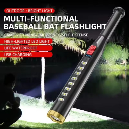 Rechargeable LED Baseball Bat Flashlight – Durable ABS Plastic Body with COB Side Light, USB Charging, Multiple Light Modes & Personal Safety Use