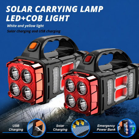 25W 4-in-1 Solar Rechargeable LED Work Light – Dual-Sided COB Flashlight with USB Charging & Power Bank for Camping, Hiking, Fishing & Emergency Use