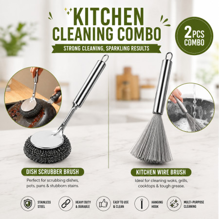 2 Pcs Stainless Steel Kitchen Cleaning Brush Set – Long Handle Dish Scrubber & Heavy-Duty Wire Brush (2 Pcs)