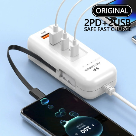 66W 4 Port PD USB Fast Charging Wall Chargers Socket Outlet USB Hub Adapter USB Type C EU US UK Plug with Extension Type C Cable