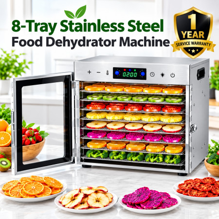 8-Tray Stainless Steel Food Dehydrator Machine – Digital LED Touch Control, Adjustable 30–90°C Temperature & 24H Timer for Fruits, Vegetables, Meat, Jerky, Herbs & Pet Food