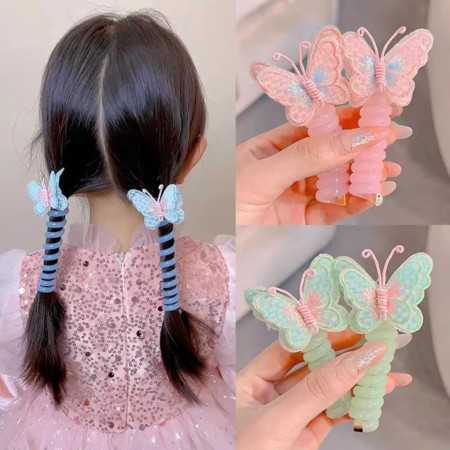 3 Pcs Butterfly Telephone Cord Hair Ties – Soft Spiral Elastic Ponytail Holders with Cute Embroidered Butterfly Design, No-Crease & Flexible Hair Accessories (3 Pcs)