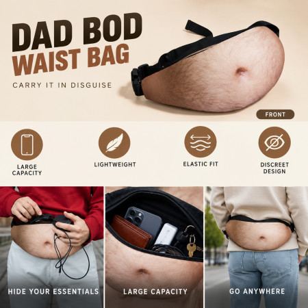 Funny Dad Bod Beer Belly Waist Bag – 3D Realistic Fake Belly Waist Bag with Adjustable Strap & Zipper Pocket for Parties, Travel & Novelty Gag Gifts