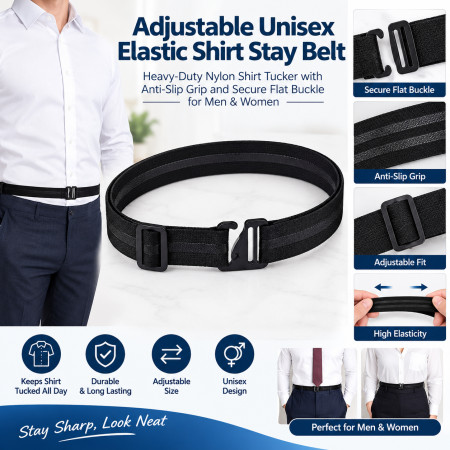 Adjustable Unisex Elastic Shirt Stay Belt – Heavy-Duty Nylon Shirt Tucker with Anti-Slip Grip and Secure Flat Buckle for Men & Women