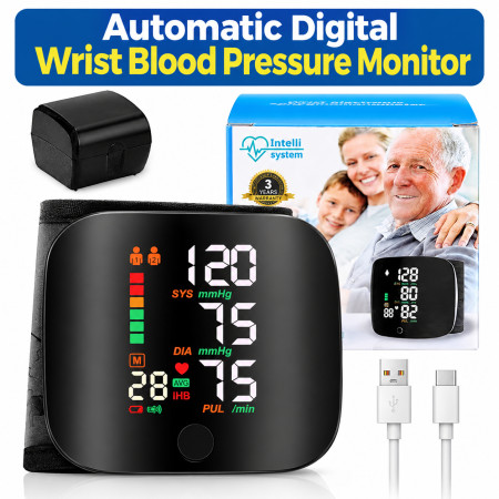 Automatic Digital Wrist Blood Pressure Monitor with Voice Broadcast & Guidance – Rechargeable BP Machine with Large LCD Display, Heart Rate Tracking & Dual-User Memory