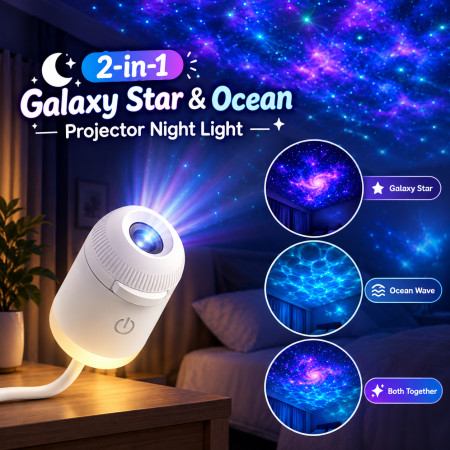 2-in-1 Galaxy Star & Ocean Projector Night Light with 24 Projection Films – HD 360° Rotating LED Starry Sky Lamp for Home Decoration