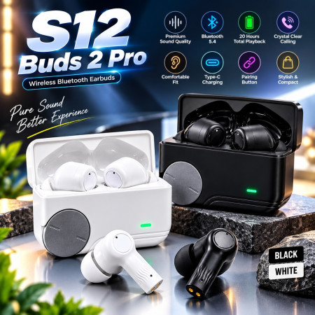 S12 Buds 2 Pro TWS Wireless Earbuds with Charging Case – Bluetooth 5.4 Stereo Earphones for Music & Hands-Free Calling
