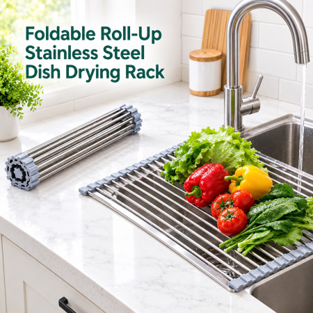 Foldable Roll-Up Stainless Steel Dish Drying Rack – 12-Rod Over-the-Sink Drainer for Plates, Bowls, Cups, Utensils, Fruits & Vegetables (37 × 24 cm)