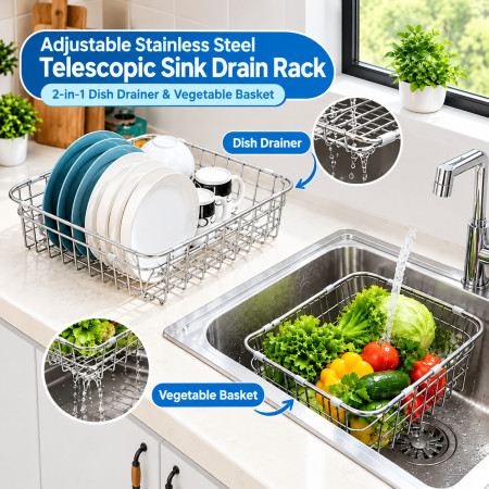 Adjustable Stainless Steel Telescopic Sink Drain Rack – Expandable Non-Slip Dish Drying Basket & Kitchen Sink Organizer for Household Storage