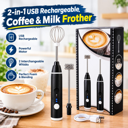 2-in-1 USB Rechargeable Coffee & Milk Frother – 3-Speed Adjustable Handheld Electric Mixer with Egg Beater & Double Milk Frother Attachments