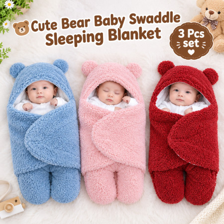 3 Pcs Cute Bear Baby Swaddle Winter Blanket – Soft Plush Hooded Sleeping & Receiving Blanket for Newborn Boys and Girls (3 Pcs)