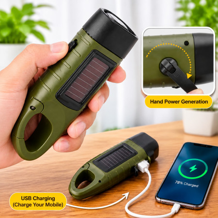 Solar Powered Hand Crank Dynamo Flashlight with USB Mobile Phone Charging – Portable Rechargeable LED Emergency Torch with Carabiner for Camping, Hiking, Trekking & Outdoor Use